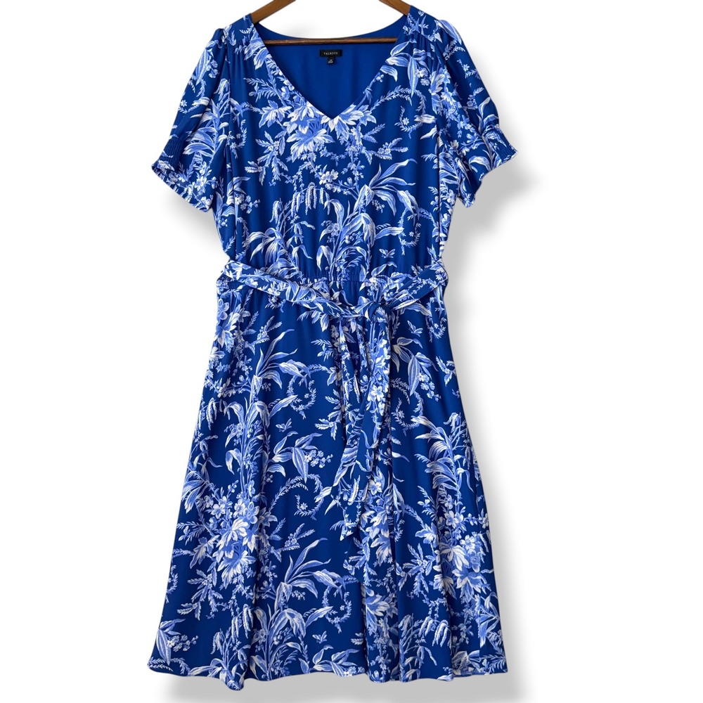 Talbots Midi Dress 14 Blue White Floral V-Neck Short Sleeve Belted Lined Cottage
